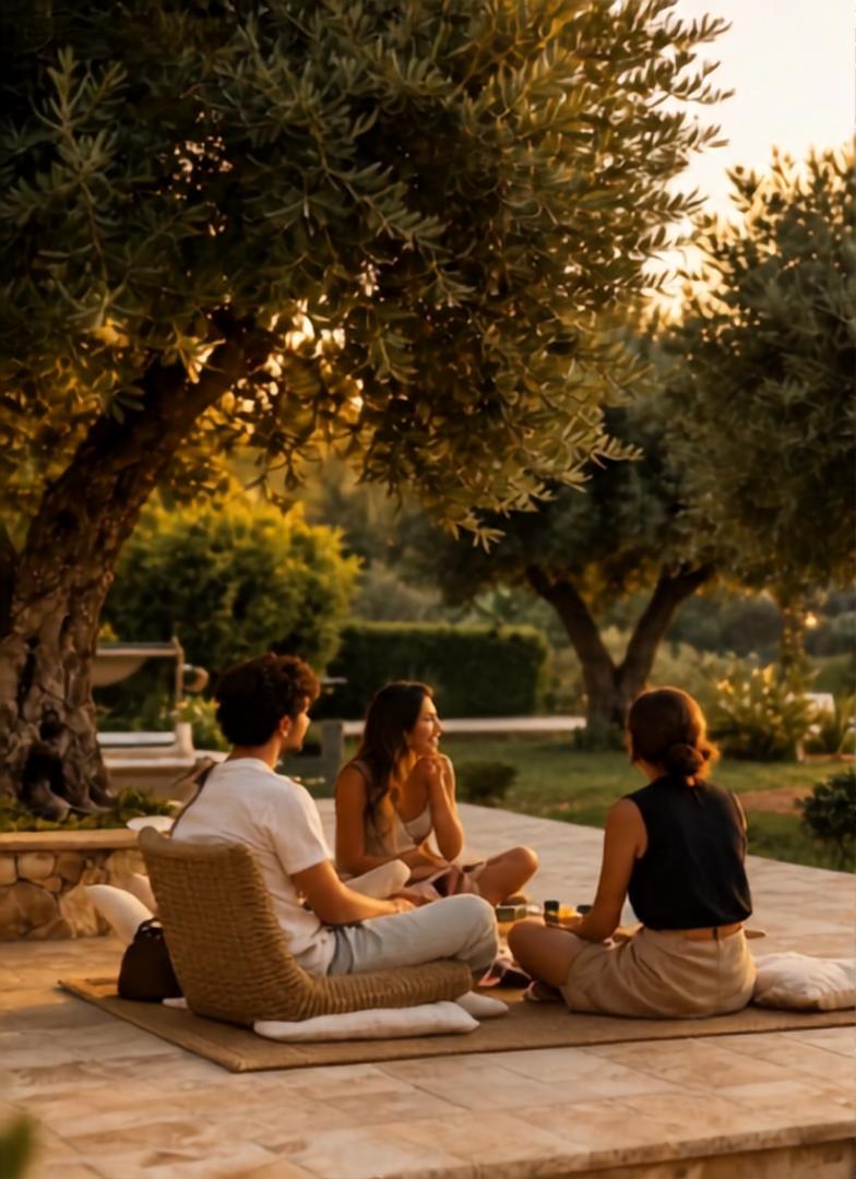 Amici che conversano sotto gli ulivi al tramonto