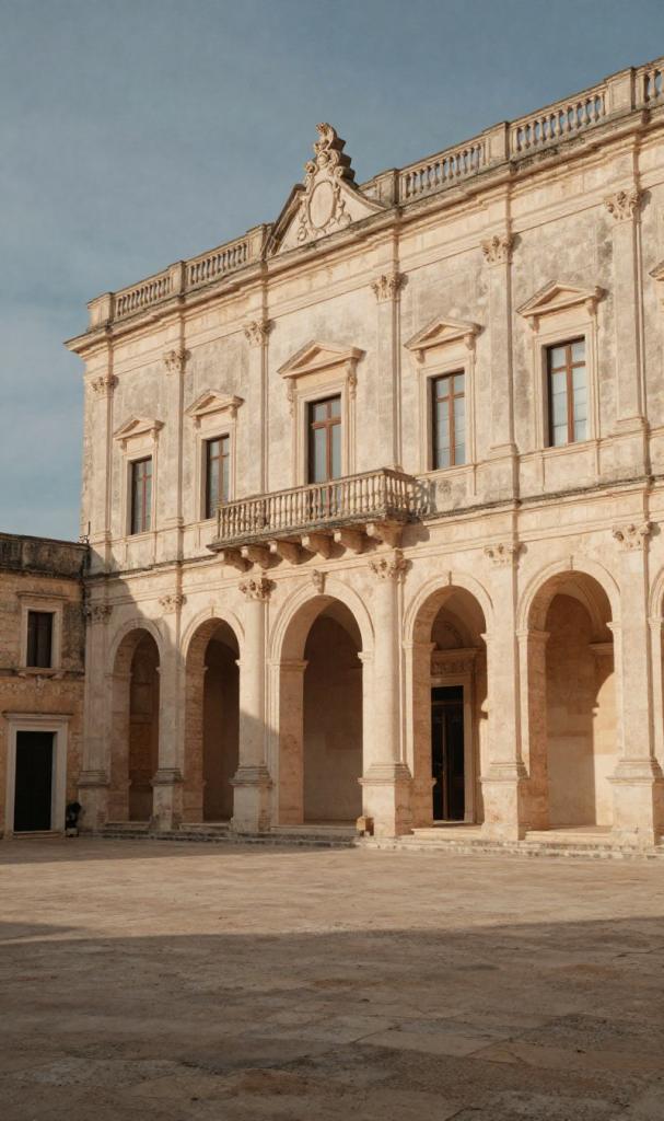 Palazzo barocco con loggia ad archi su una piazza assolata